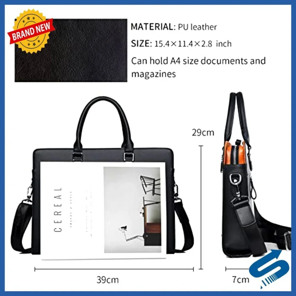 Leather Laptop Briefcase for Men, Padded Shoulder Strap, Multiple Pockets